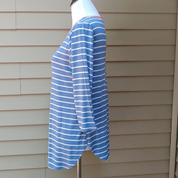 a.gain Blue Striped 3/4 Sleeve Top Jersey Knit Red Trim Neckline Stretch - Picture 7 of 11